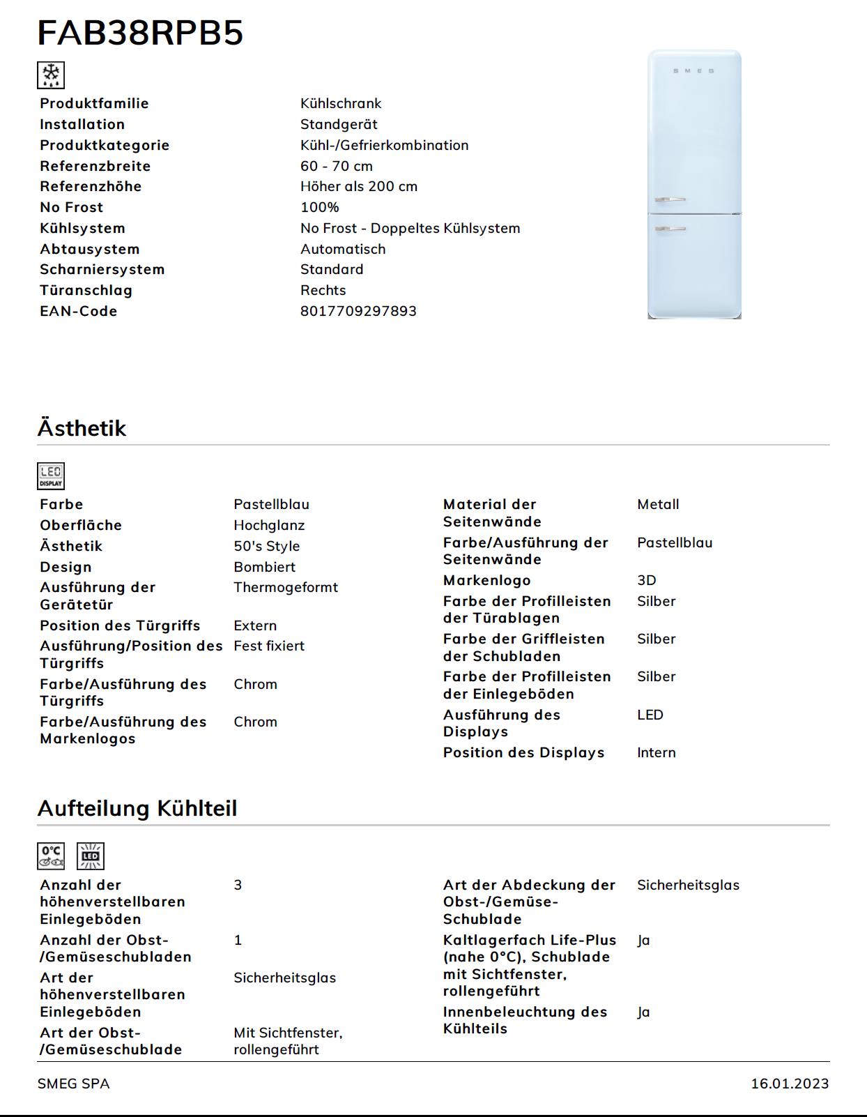 rechts Türanschlag | Pastellblau Vertrieb Küchenwelt & GmbH - - - Sagoma Kühl-/Gefrierkombination SMEG FAB38RPB5